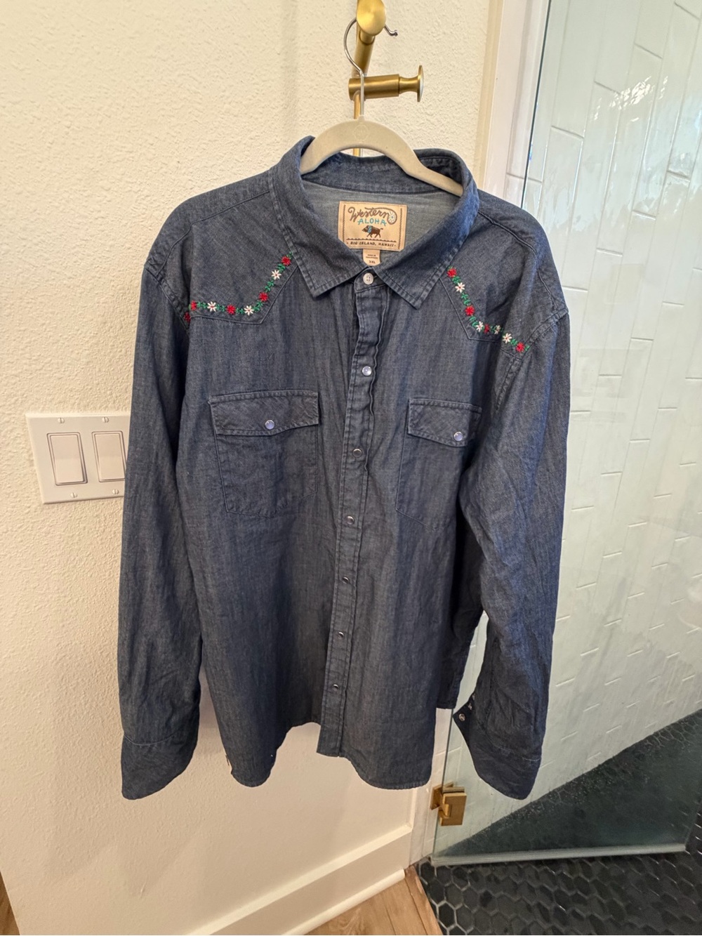 Western Aloha Denim Western Shirt - Blue with Embroidered Accents